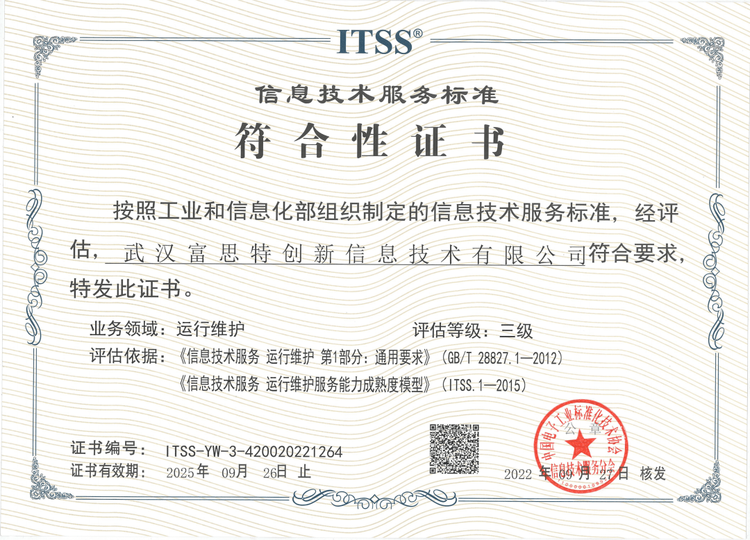 喜報丨富思特創(chuàng)新榮獲ITSS運維服務(wù)能力成熟度符合性證書，持續(xù)引領(lǐng)武漢信息技術(shù)咨詢服務(wù)新高度